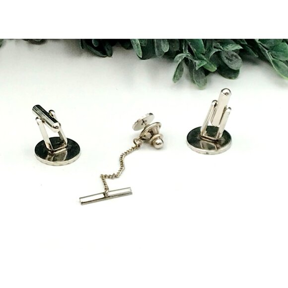 Vintage Silver-Tone Swirl Mens Cufflinks & Tie Tack Set With Chain Classic Desig - Picture 2 of 2